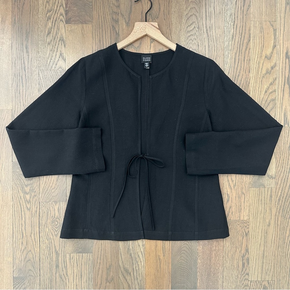 Eileen Fisher Linen Blend Round Neck Tie Front Jacket in Black Small